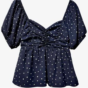 Anthropologie By Together Navy / White Polka Dot‎ Puff Sleeve Babydoll Top Small